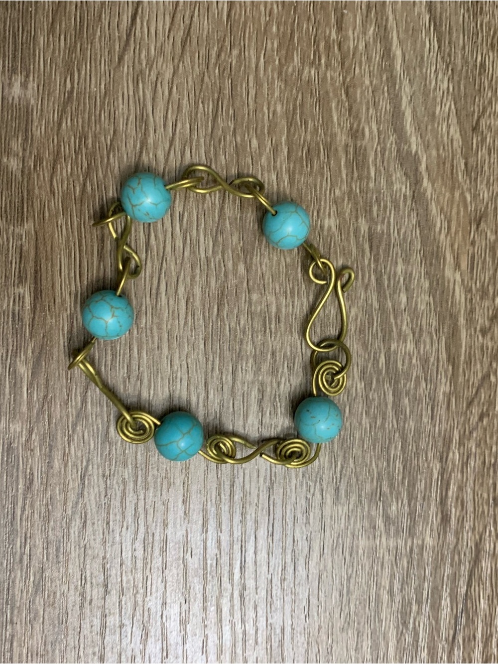 Turquoise Bead and Brass Wire Bracelet - Women Jewelry